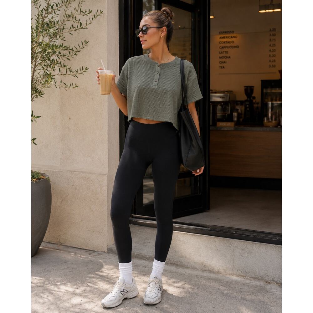 Zara Olive Green Cropped Waffle Knit Henley Top Medium | Boxy Raw Hem Athleisure